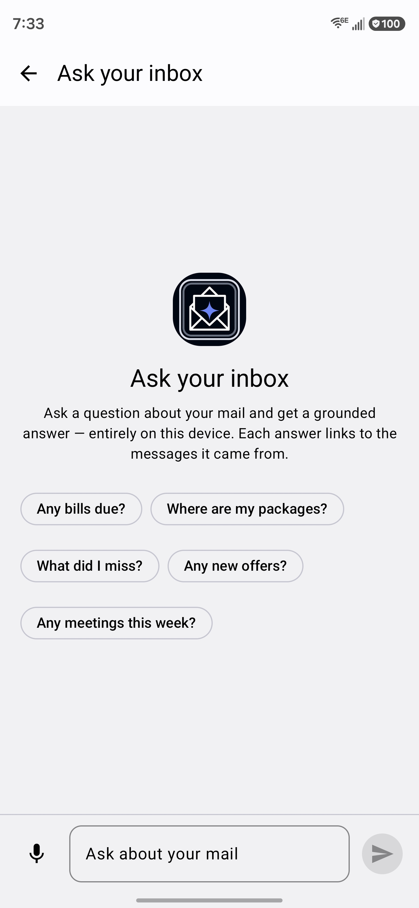 The Mailie Pro “Ask your inbox” screen with suggested questions such as “Any bills due?” and “Where are my packages?”