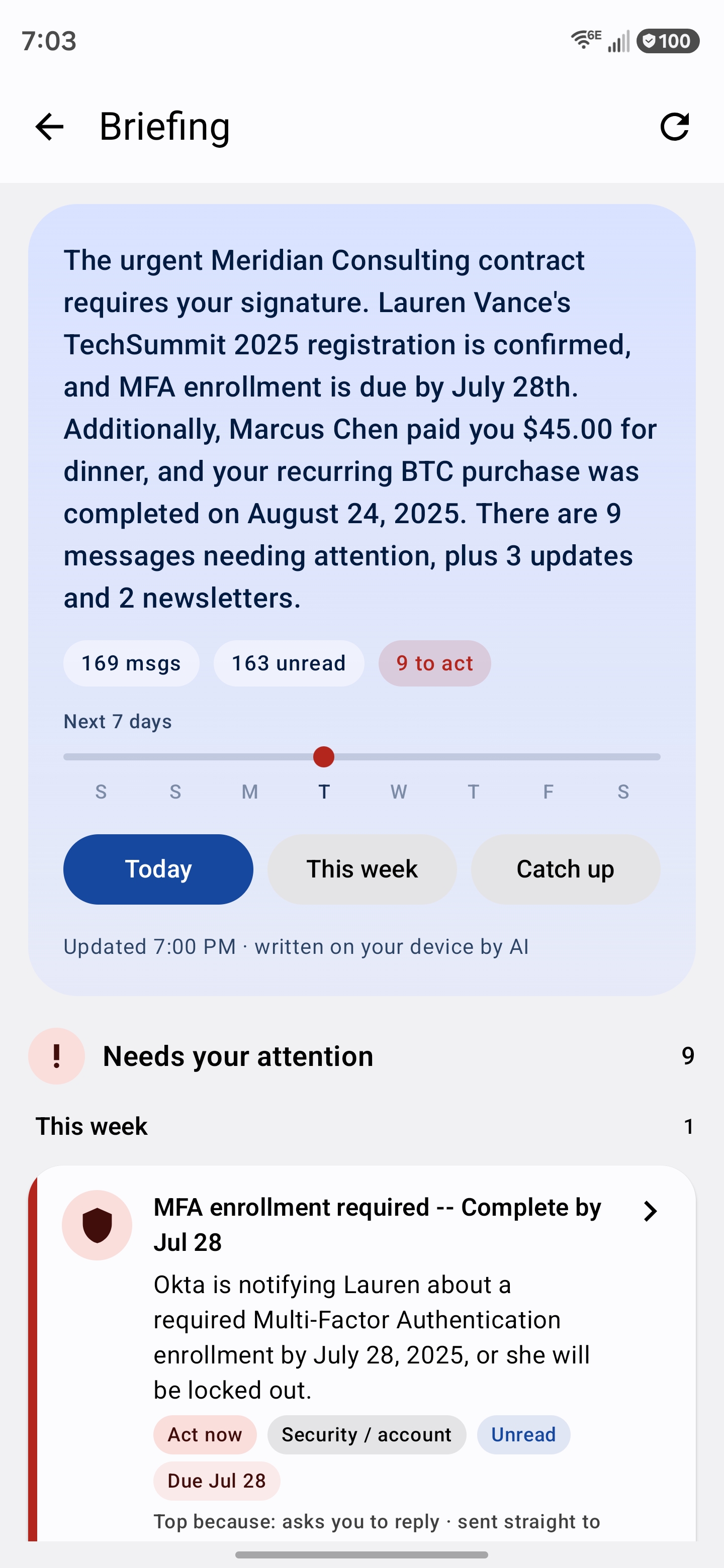 The Mailie Pro briefing: an executive overview, a seven-day deadline rail, and a card in the “Needs your attention” lane showing why it ranked first