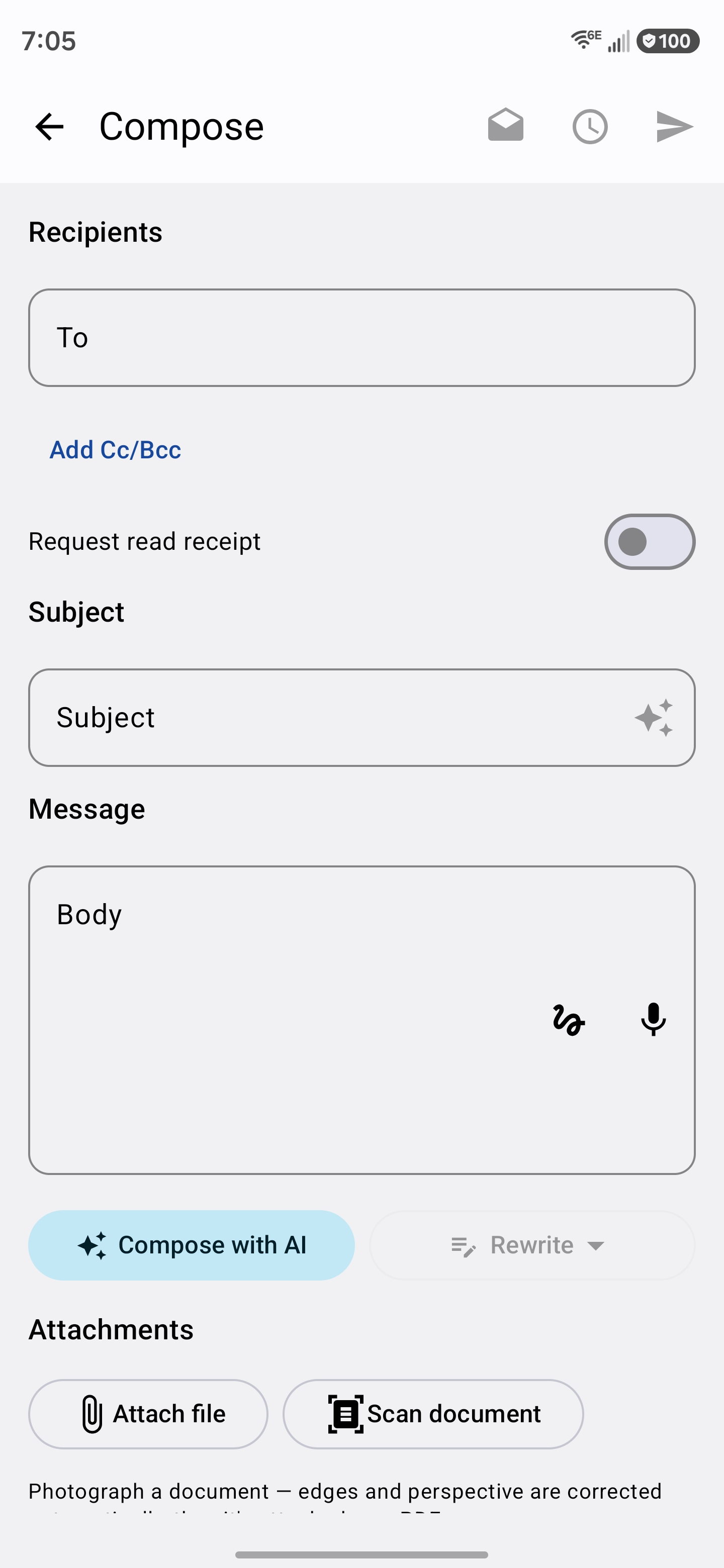 The Mailie Pro composer with Compose with AI and Rewrite buttons, handwriting and dictation icons in the body field, and a Scan document button