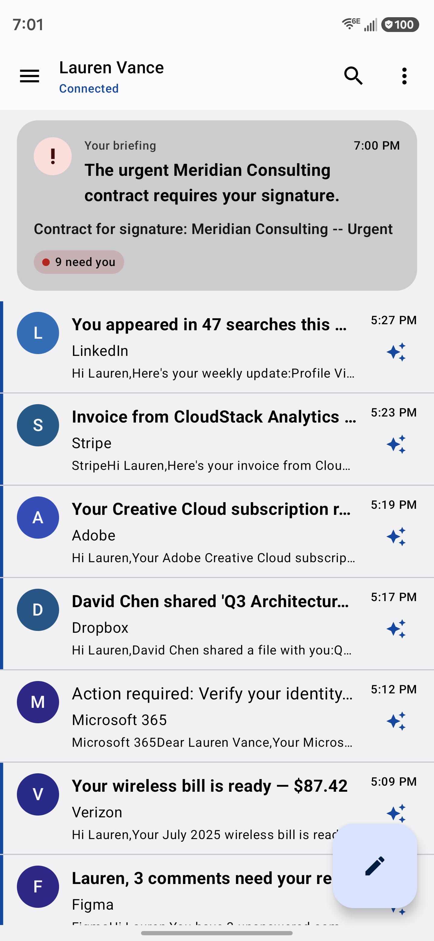 The Mailie Pro unified inbox with the briefing card at the top, showing the top item and a “9 need you” count