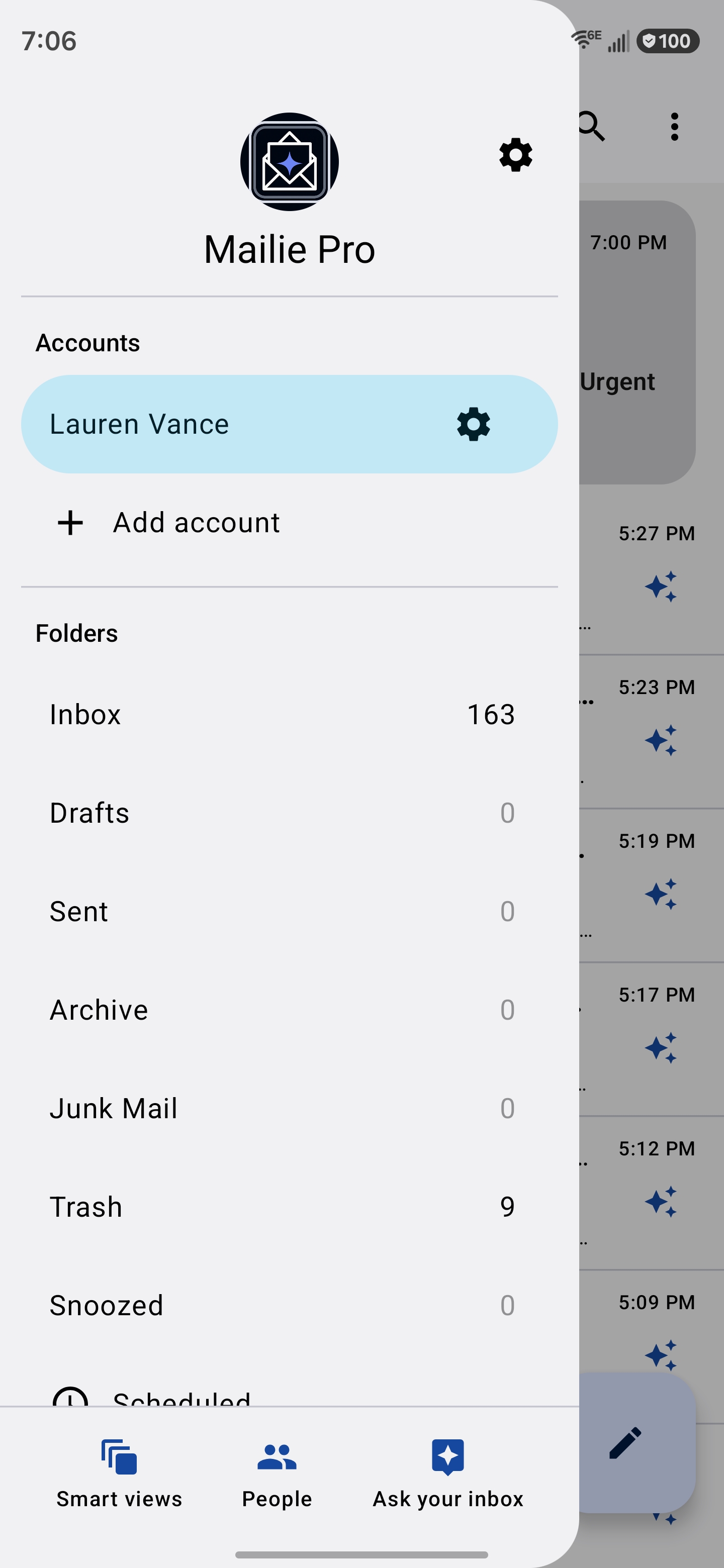 Everything one tap away — Smart views, People and Ask your inbox pinned beside your folders.