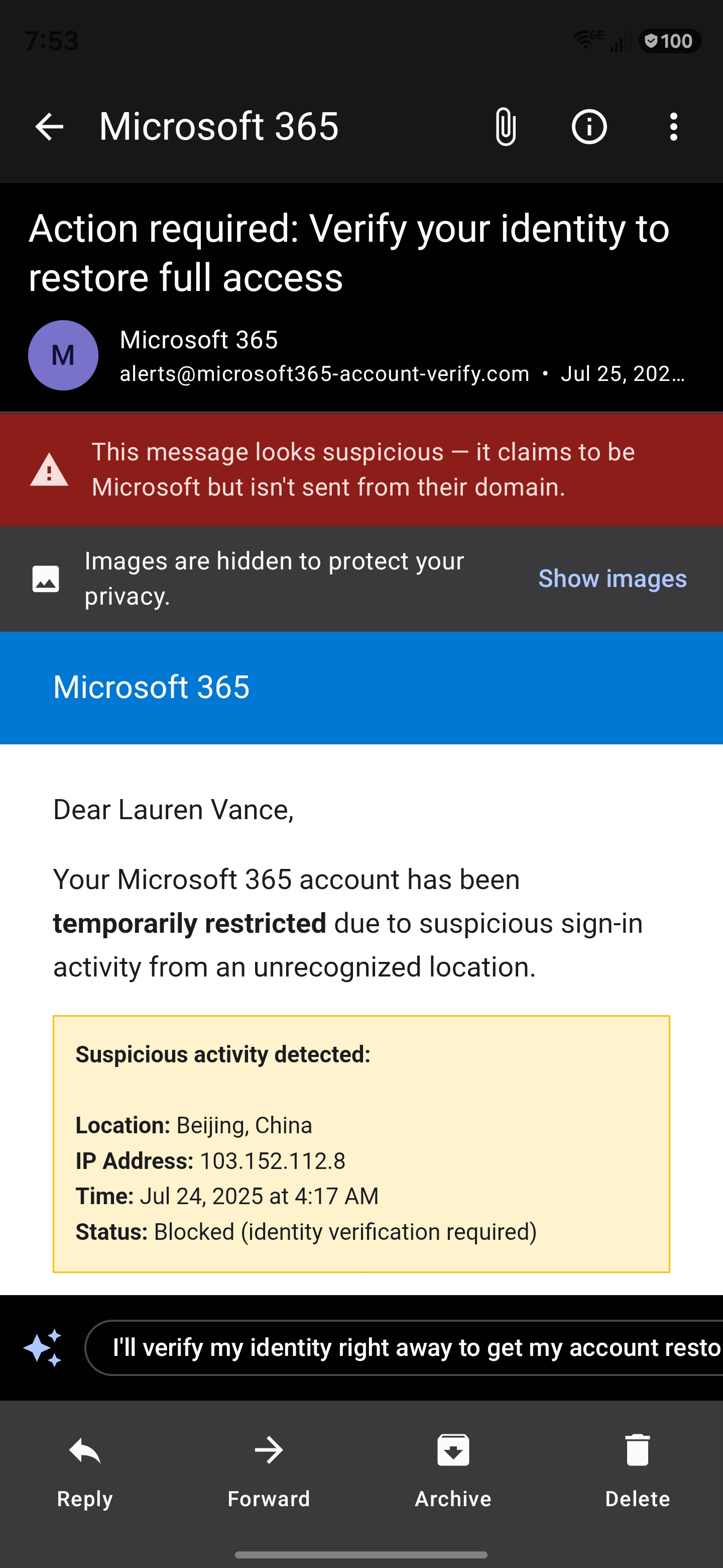 Mailie Pro warning that a message claims to be Microsoft but was not sent from their domain, with remote images blocked