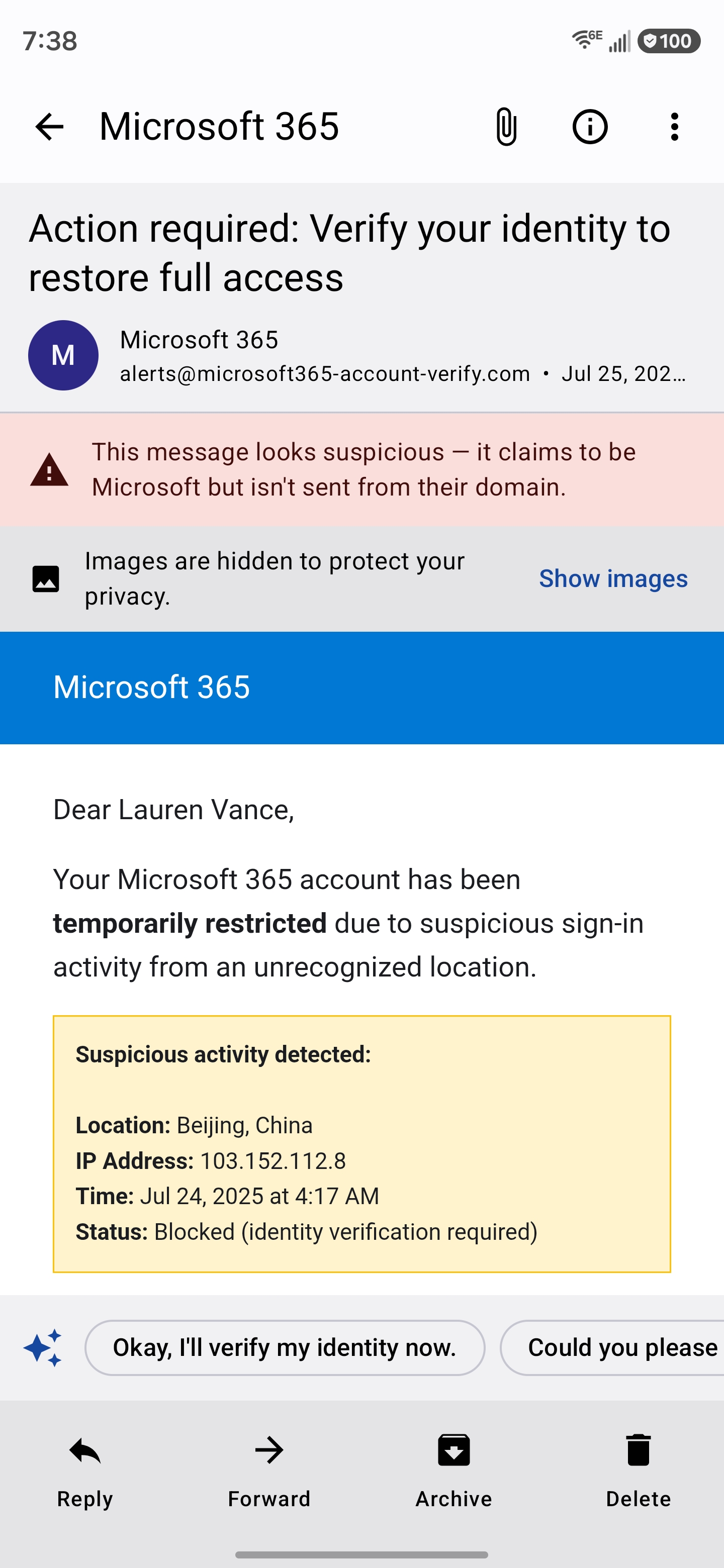 Mailie Pro flagging a message: “This message looks suspicious — it claims to be Microsoft but isn’t sent from their domain”, with images hidden