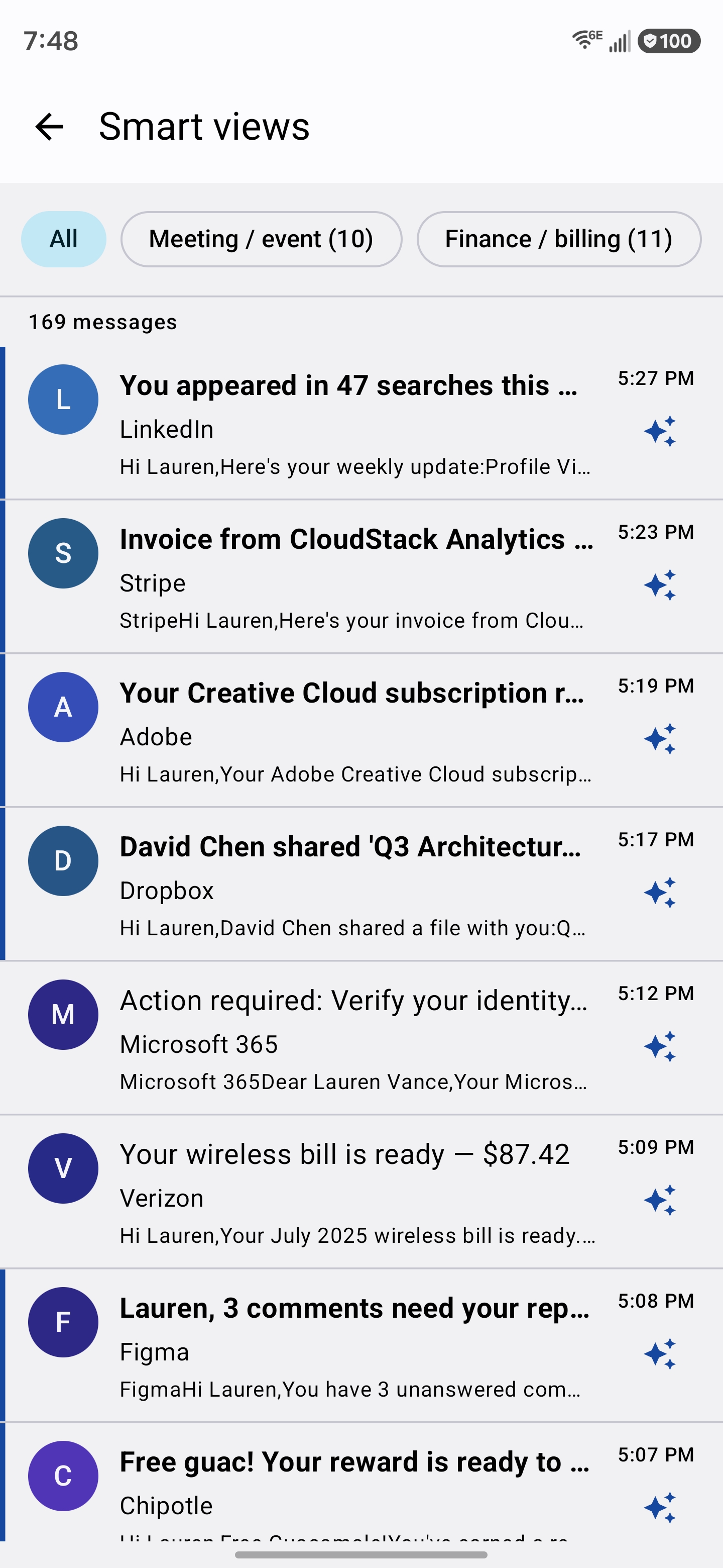 Smart Views — your whole inbox auto-sorted into categories you can clear one at a time.