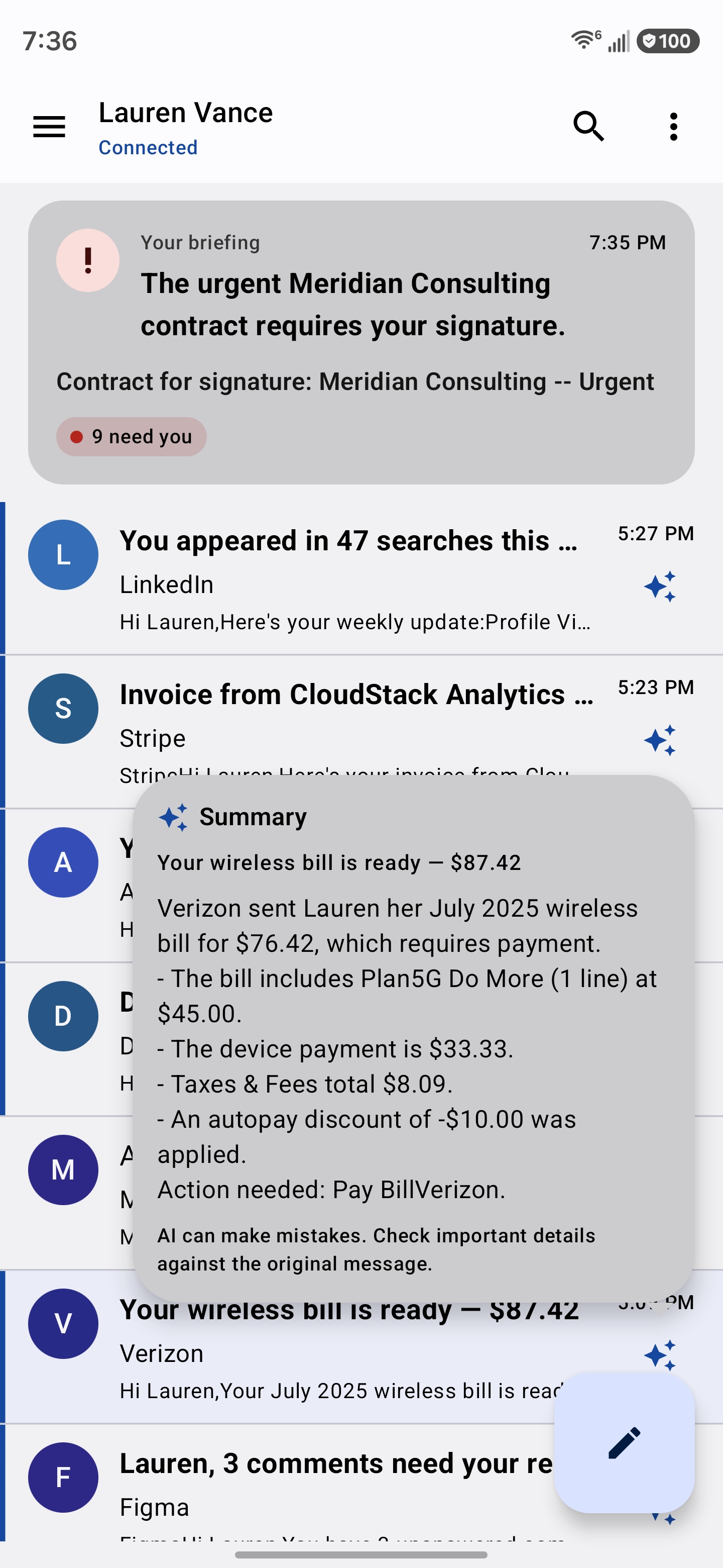A summary bubble open over the Mailie Pro inbox, breaking a wireless bill into its line items with an “Action needed” line