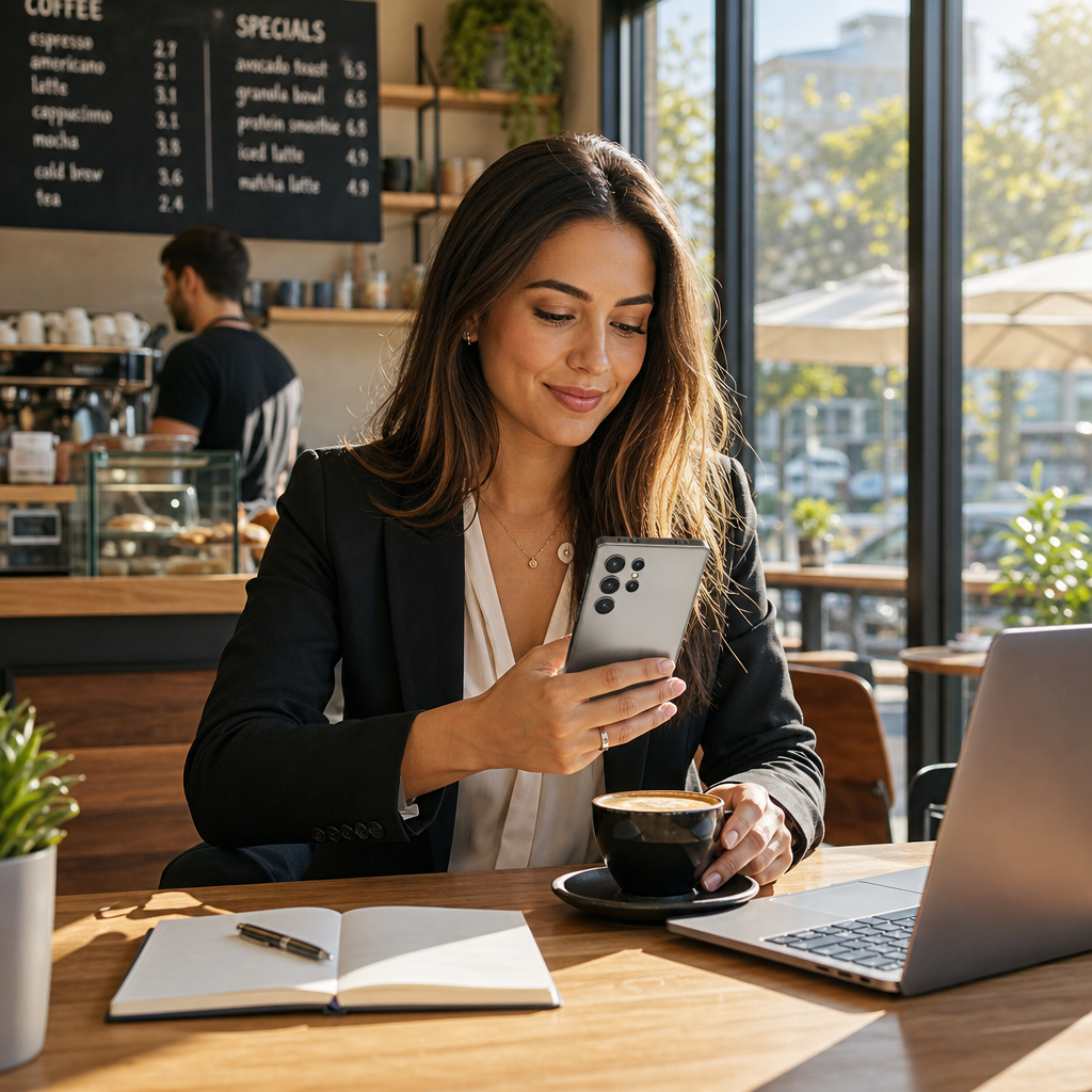 A professional working at a café with Mailie Pro open on her phone beside a laptop